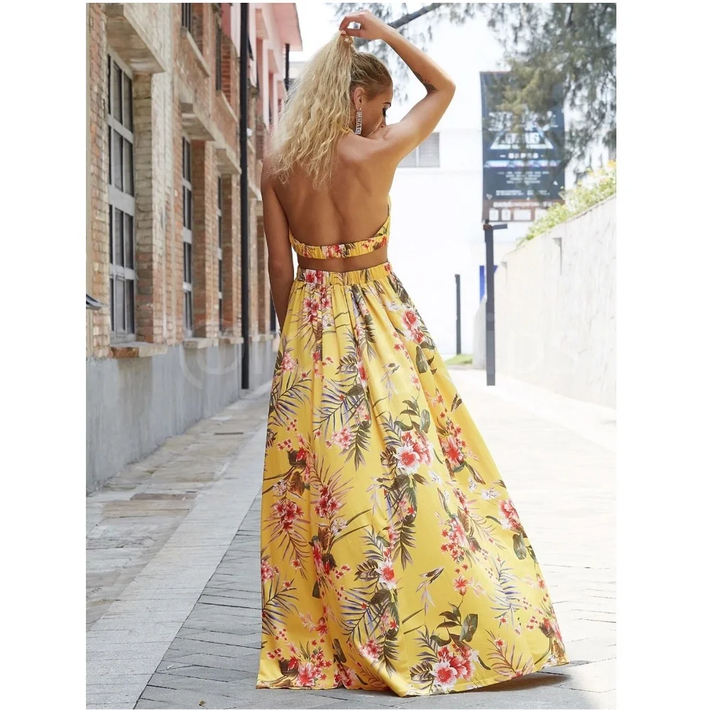 Yellow Floral Tropical Print Maxi Dress V-Neck Backless Leg Slit - Picture 3 of 5